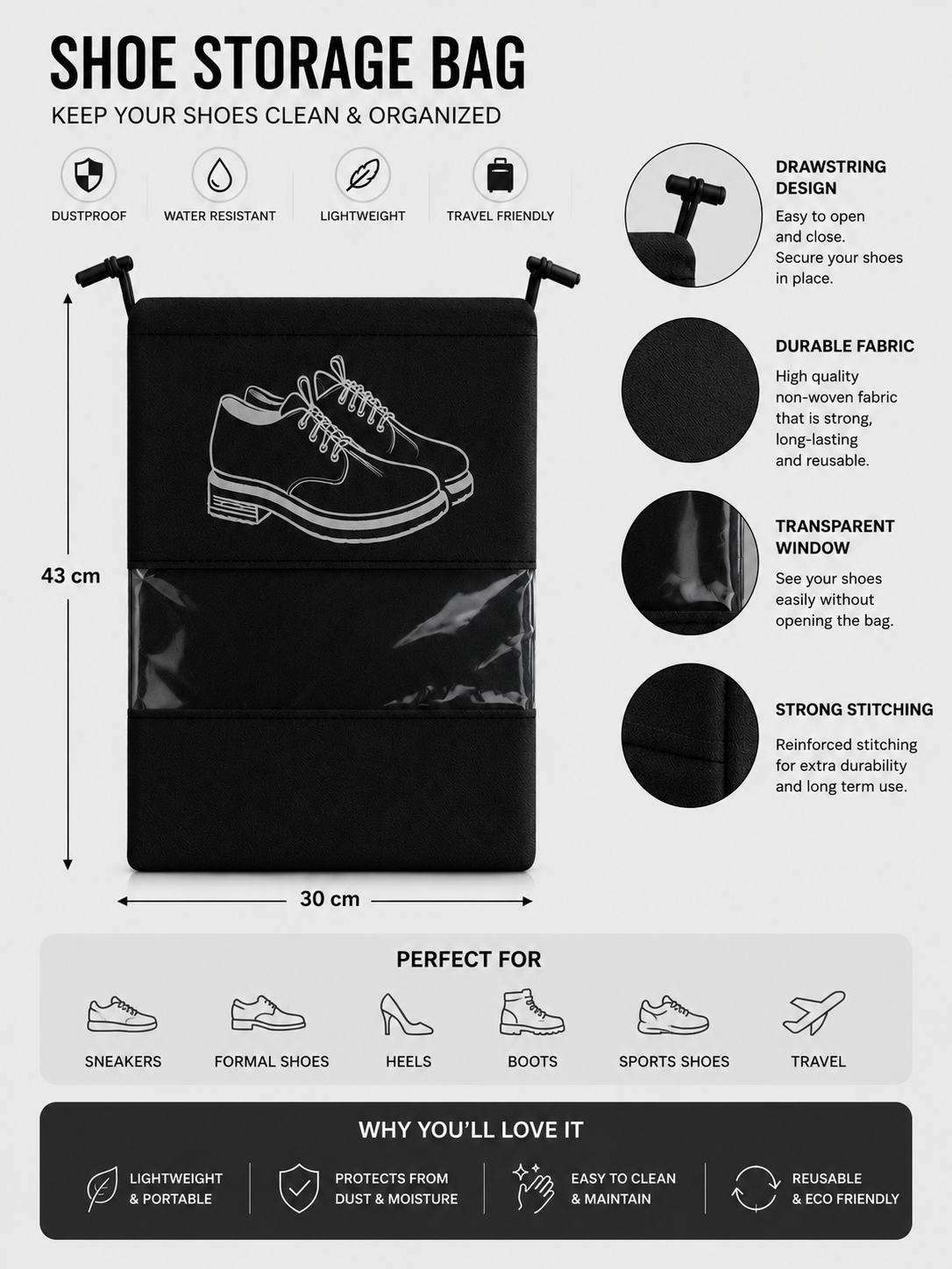 Protect Every Pair with Premium Shoe Bags Crafted for Modern Travelers, Sneaker Enthusiasts & Everyday Organization Black (PACK OF 6)
