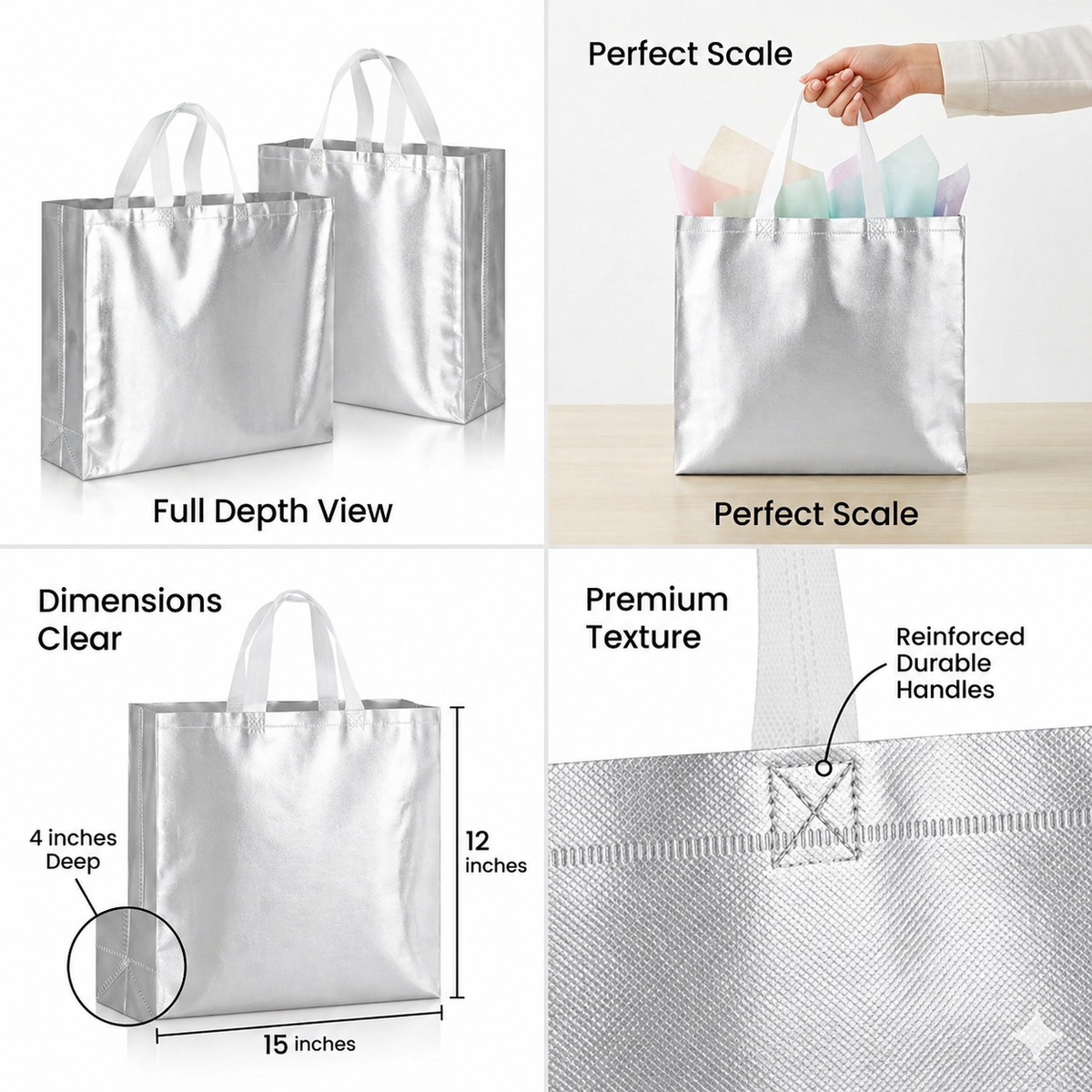 Premium Luxury Gift Bags with Elegant Handles for Wedding Return Gifts, Birthday Presents, Festive Hampers & Special Occasion Gifting (SILVER - 15X12X4)