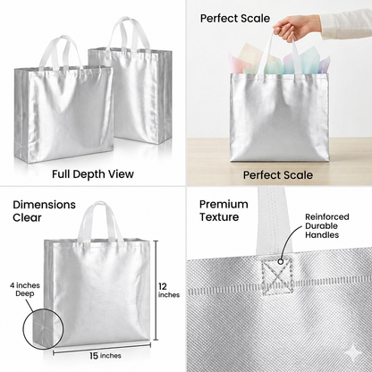Premium Luxury Gift Bags with Elegant Handles for Wedding Return Gifts, Birthday Presents, Festive Hampers & Special Occasion Gifting (SILVER - 15X12X4)