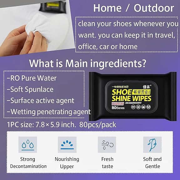 Premium Shoe Shine Wipes | Instant Cleaning Wet Wipes for Shoes, Sneakers, Leather & Sports Shoes | Portable Travel Cleaning Tissue | Pack of 80