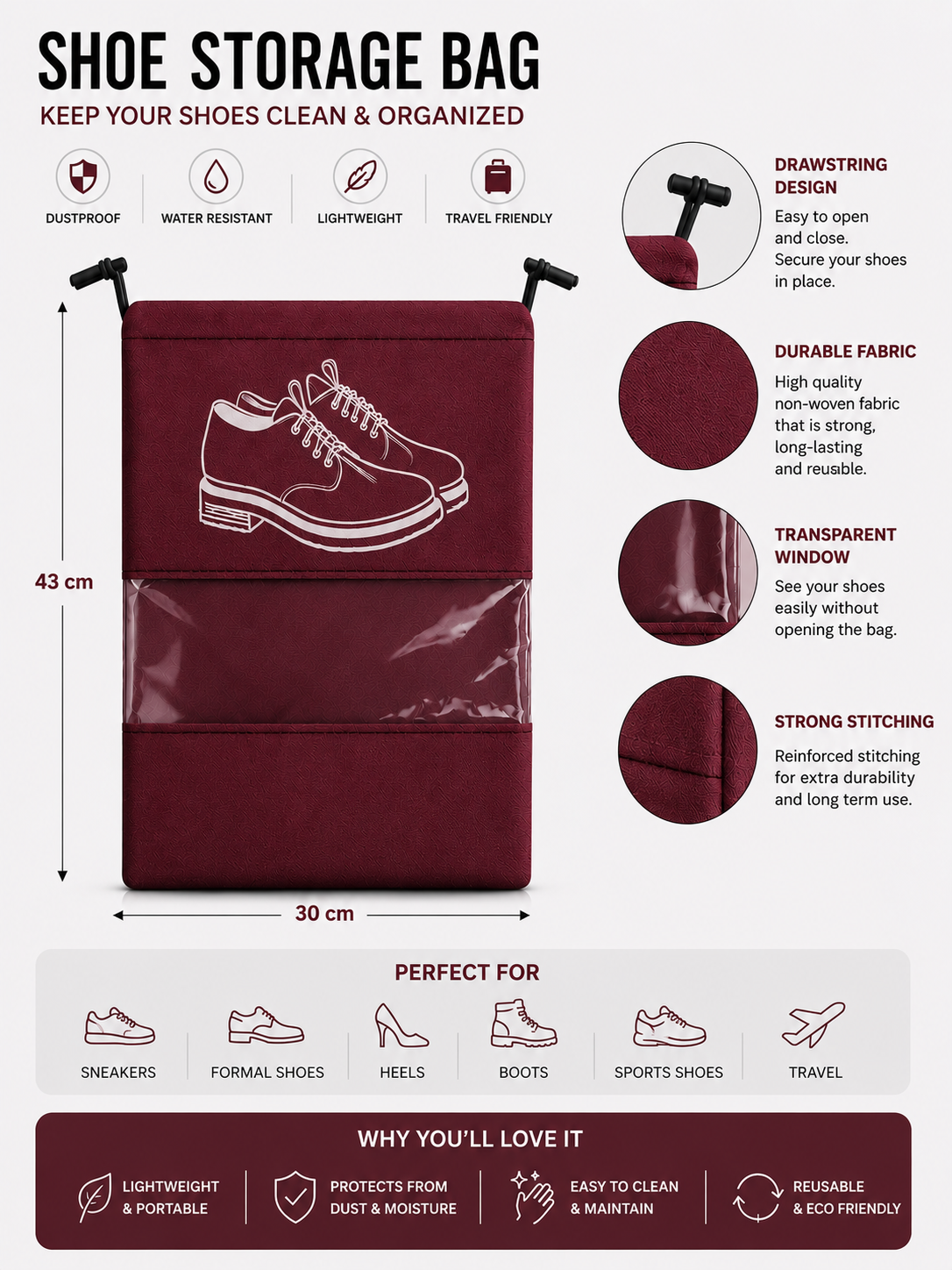 Experience Premium Shoe Protection That Combines Elegant Design, Smart Organization, and Long Lasting Durability MAROON (PACK OF 6)