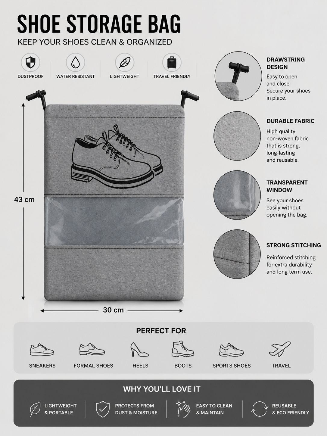 Elevate Every Journey with Premium Shoe Bags Designed to Protect, Organize, and Travel in Style (Grey) Pack Of 6