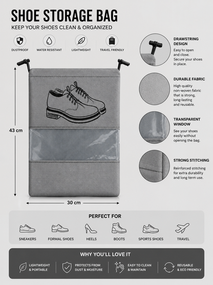 Elevate Every Journey with Premium Shoe Bags Designed to Protect, Organize, and Travel in Style (Grey) Pack Of 6